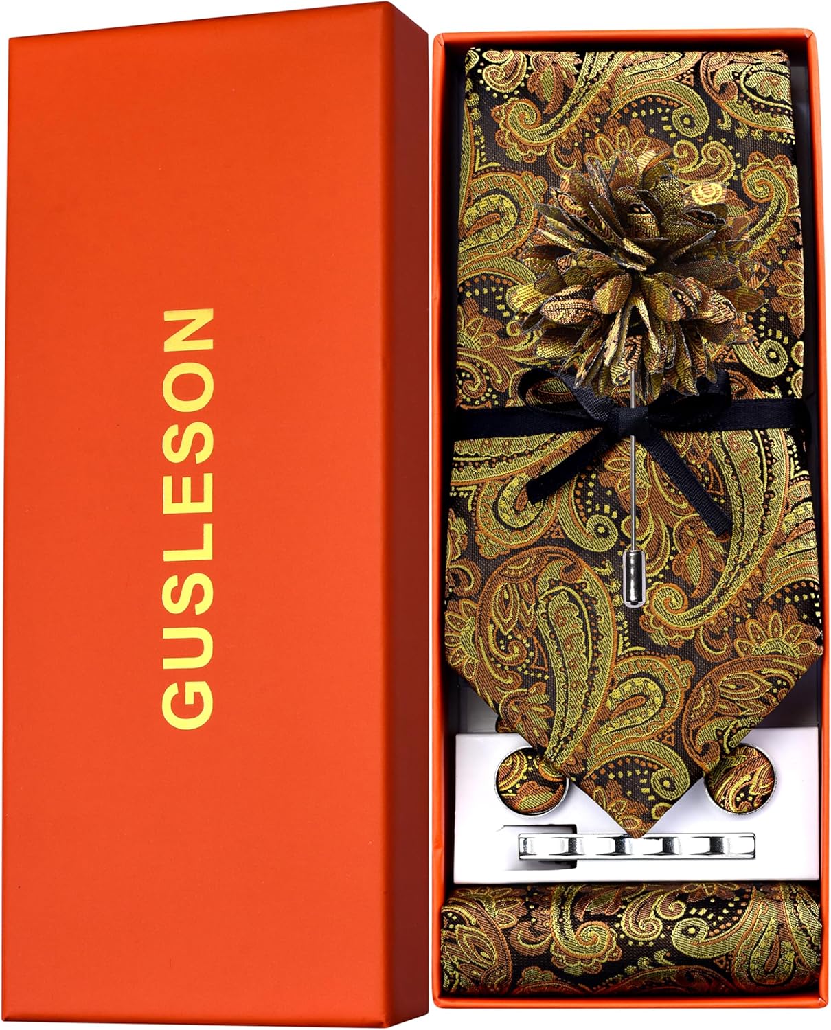 GUSLESON Tie Set for Men Necktie and Pocket Square,Tie Clip,Cufflinks, Lapel Pin Sets with Gift Box 5PCS