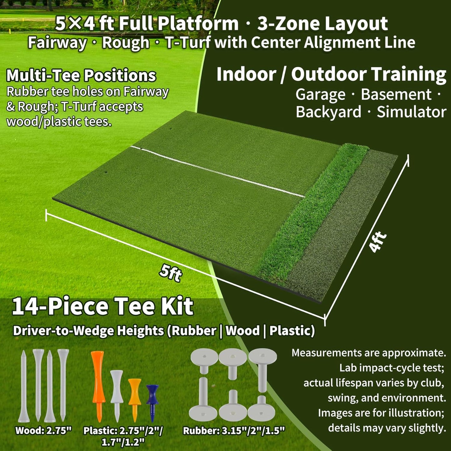 3-in-1 Golf Hitting Mat 5x4ft, Thick Golf Practice Mat with Alignment Line, Fairway/Rough/T-Turf Golf Training Mat, 14 Tees, Golf Mats Practice Indoor Outdoor for Hitting Driving Swing Chipping
