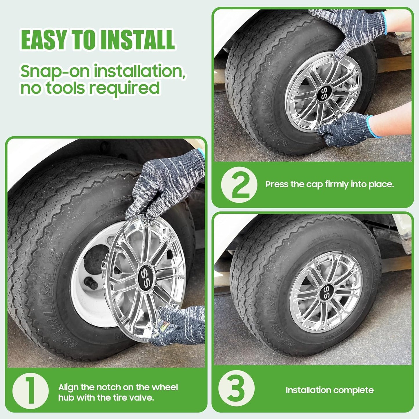 10L0L Golf Cart SS Wheel Covers Hub Caps for EZGO, Club Car, Yamaha - 8 Inch Snap-on Installation, New Chrome, Set of 4