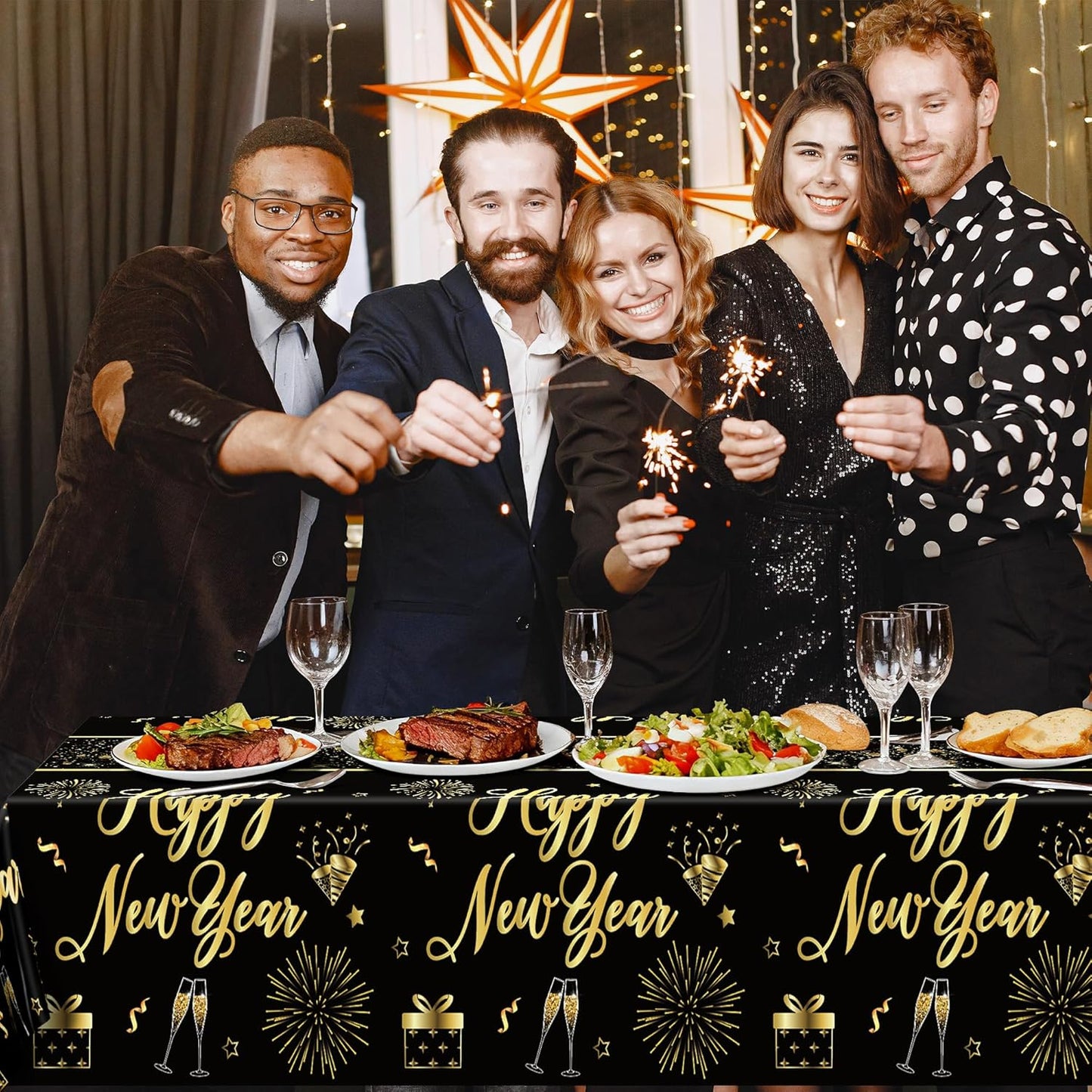 3 Pcs New Years Tablecloth, 108 x 54 Inches Disposable Plastic NYE Table Cover 2026, Rectangle New Years Eve Tablecloth with Black Gold Firework Design, Waterproof Table Cover for Nye Party Supplies