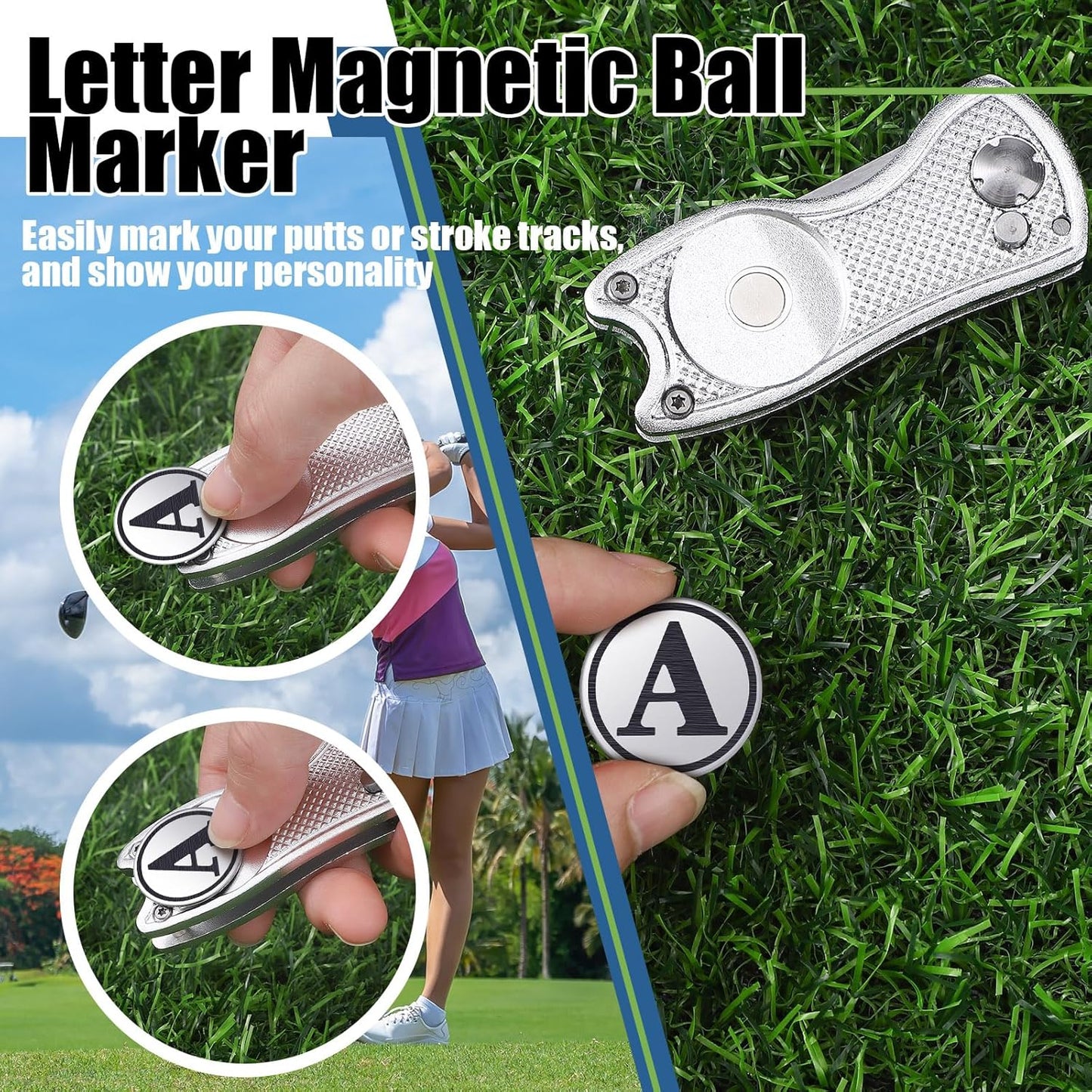 Golf Divot Repair Tool with Letter Custom Monogrammed Initial Ball Marker Divot Tool Foldable Metal with Magnetic Putt Alignment Golf Gifts for Men Father Golfer Christmas