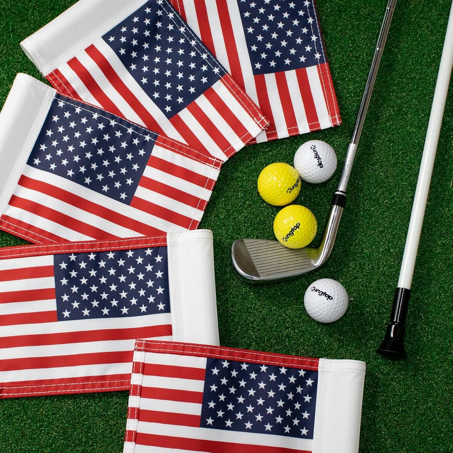 KINGTOP USA Golf Flag 8x6 Inch – Premium Dual-layer 420D Nylon, Double Sided American Pattern Printing, Tube Inserted – Mini Practice Putting Green Flags for Yard, 3-Pack