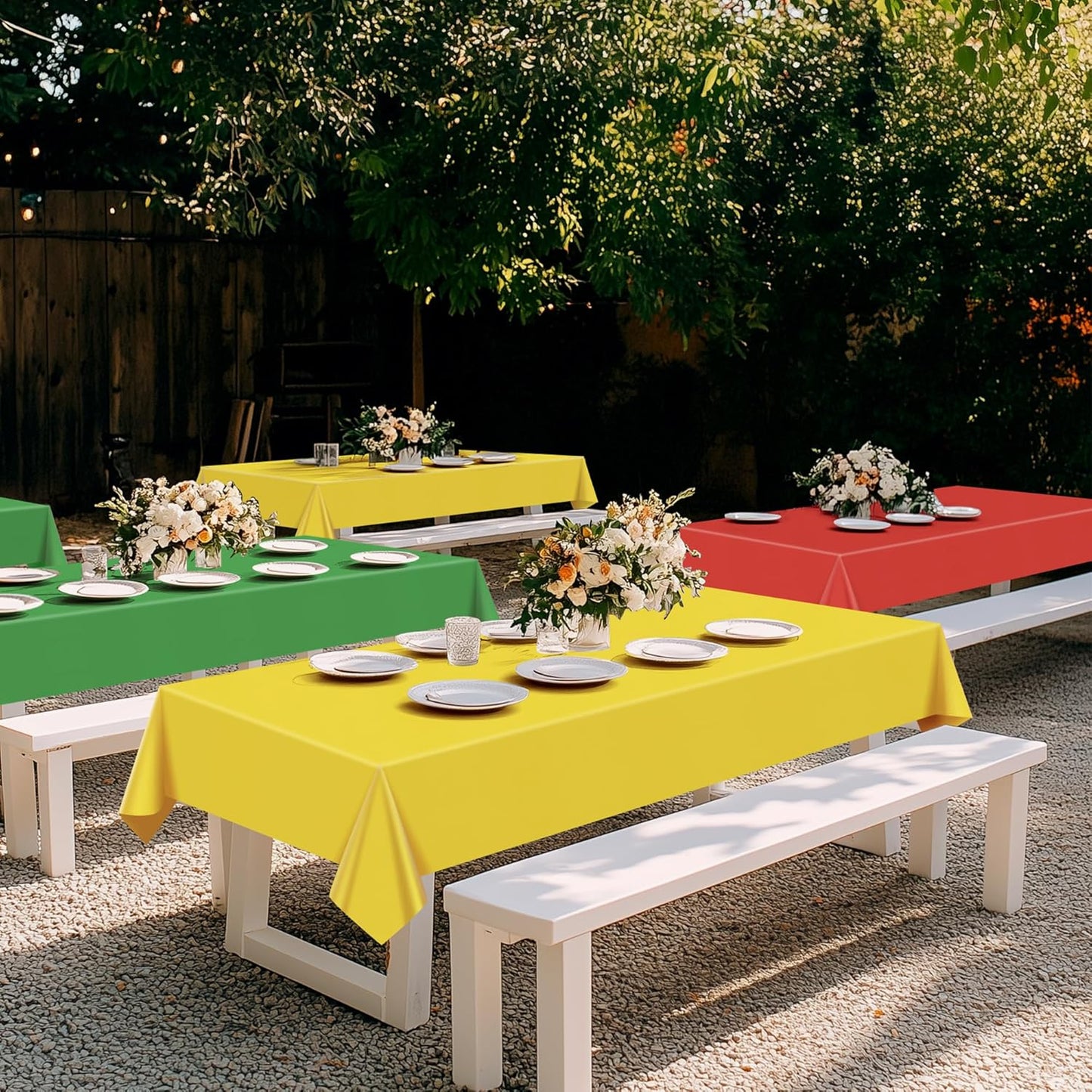 3 Pcs Red & Green & Gold Series Rectangle Tablecloth, 54x72" Solid Color Waterproof & Spillproof Disposable Plastic Table Cover, Durable Party Tablecloth for Dining, Buffet, Picnic, Outdoor Events