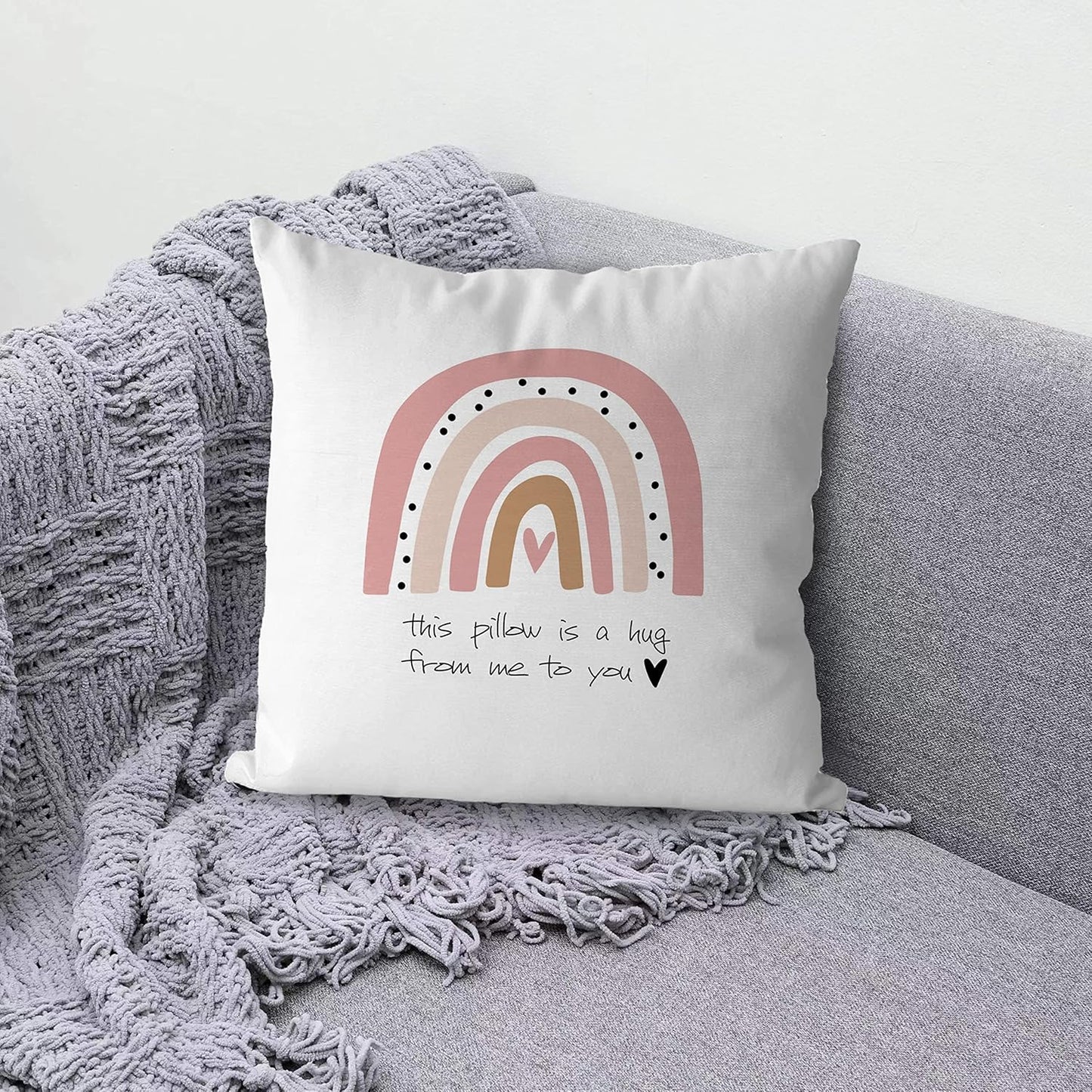 KEUSPI Pink Boho Rainbow This Pillow is a Hug from Me to You Decor Pillowcase Throw Pillow Cover 18x18 Inch,Pink Boho Rainbow Home Decor Decorations Pillow Cover,Gifts for Long Distance Relationship