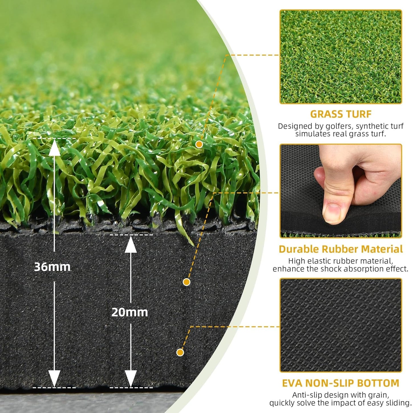 5x4ft Golf Hitting Mat, Thickened 21mm/31mm/36mm Artificial Turf Golf Practice Mats for Indoor Outdoor Backyard Driving Swing Training with 9 PU Balls, 3 Rubber Tees, 7 Tees