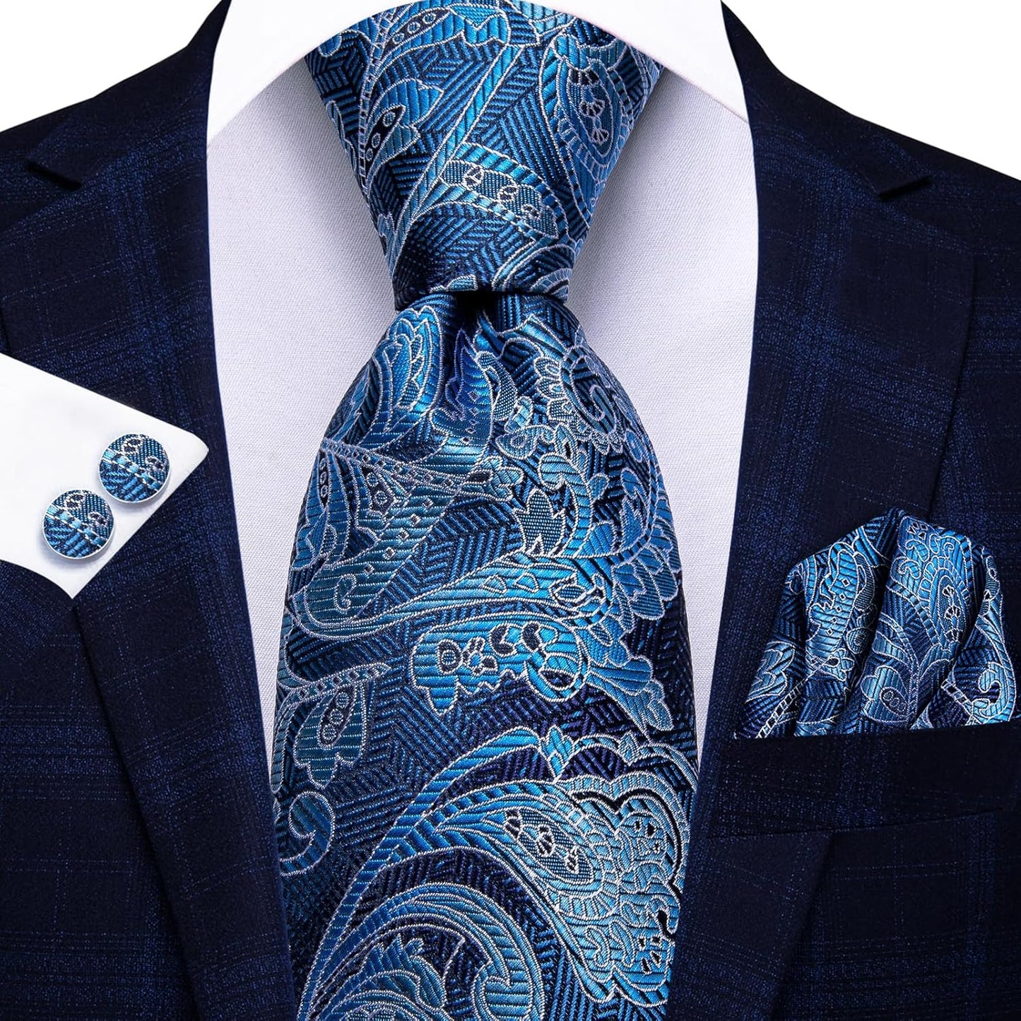 Hi-Tie Men 63inches Tie Set Extra Long Necktie Paisley Tie Pocket Suqare Cufflinks Big and Tall Men Tie
