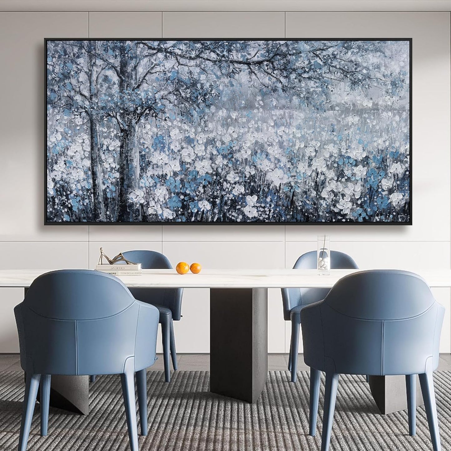 Canvas Wall Art Frame for Modern Living Room 29x58 Inches - Large Elegant Blue and White Tree Flower Landscape Picture Artwork for Bedroom, Dining Room, Home Office Decor