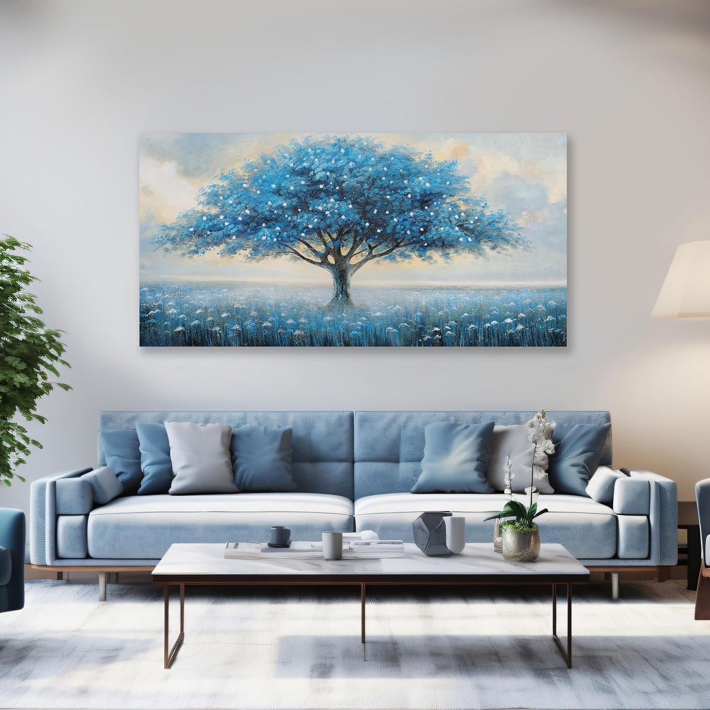 Glvzygy Blue Tree of Life Wall Art Abstract Modern Artwork Canvas Painting Textured Tree Pictures Wall Decor Home Decor Wall Ready to Hang for Bedroom Living Room Size 24"x48"