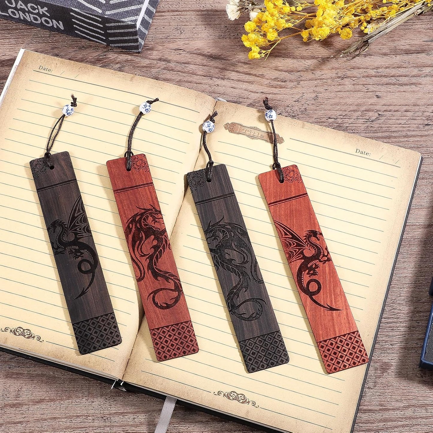4Pcs Dragon Bookmark Gift, Wood Bookmark for Men Cool Book Marks Box Set Fantasy Christmas Gifts for Men Adults Kids (Dragon)
