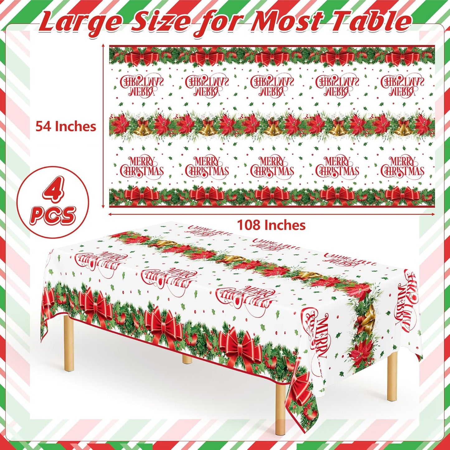 QZYL 4 Pack Christmas Table Cloths, 54" x 108" Xmas Decorations, Poinsettia Bow Design Christmas Plastic Tablecloth Holiday Disposable Tablecover, Holiday Party Decor Xmas Table Decor