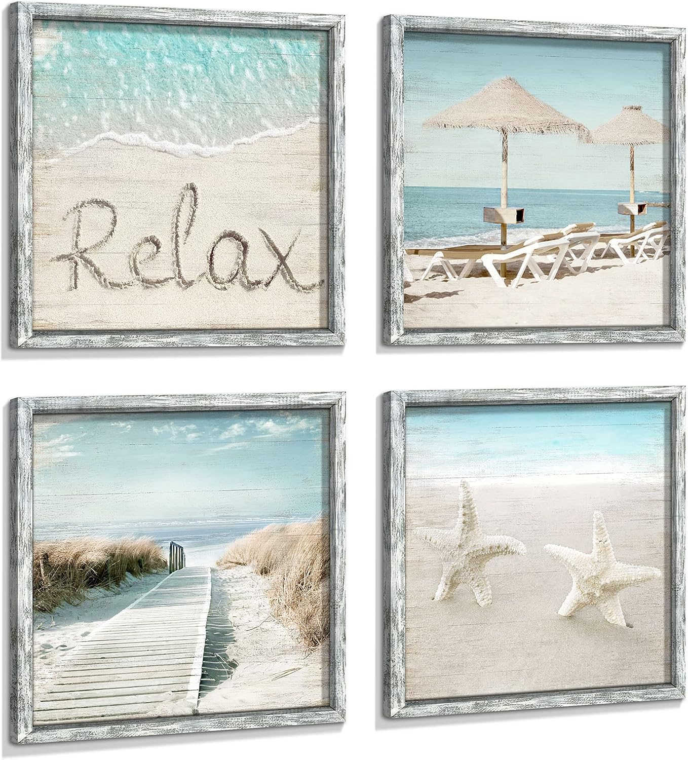 Ocean Framed Wood Wall Art: Beach Picture Seascape Artwork Coastal Prints Starfish Boardwalk Art Collection Wall Decor Set of 4 for Bathroom
