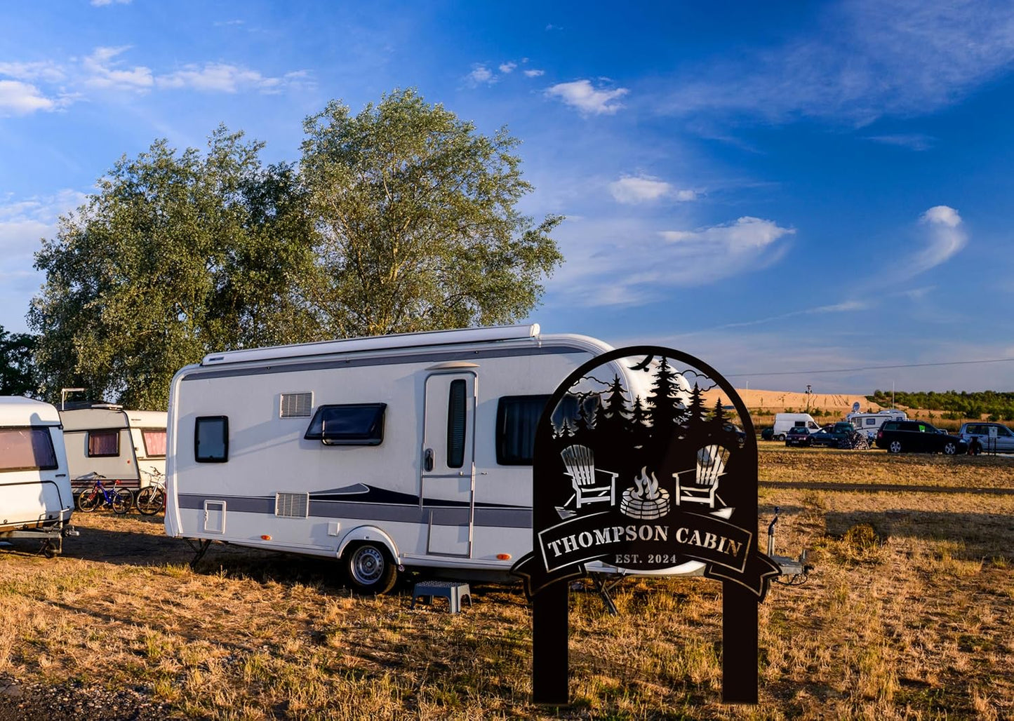 Personalized Family Name Firepit Scene Sign with Yard Stake, Rustic Personalized Camping Decor