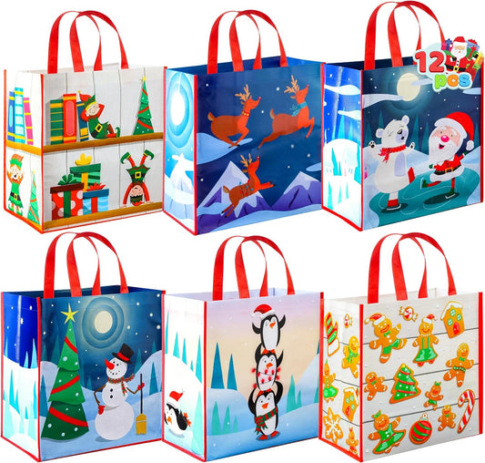 JOYIN 12 PCS Christmas Large Gift Bags with Handles 13.75" x 14", Non-Woven Tote Bag for Wrapping Xmas Party Favors, Reusable Grocery Bags, Party Supplies