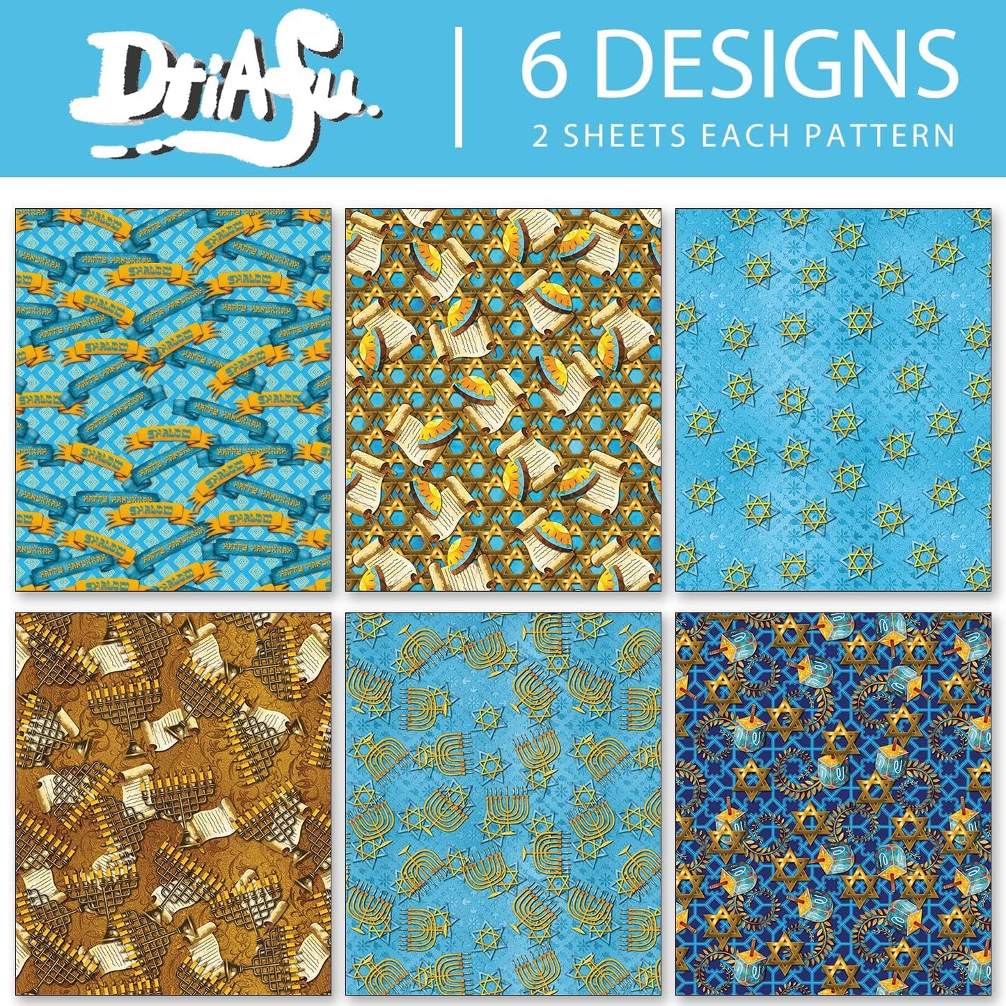 Dtiafu Hanukkah Wrapping Paper - 12 Sheet 6 Style Blue Chanukah Wrapping Paper - Happy Hanukkah - 20 x 28 Inch Per Sheet