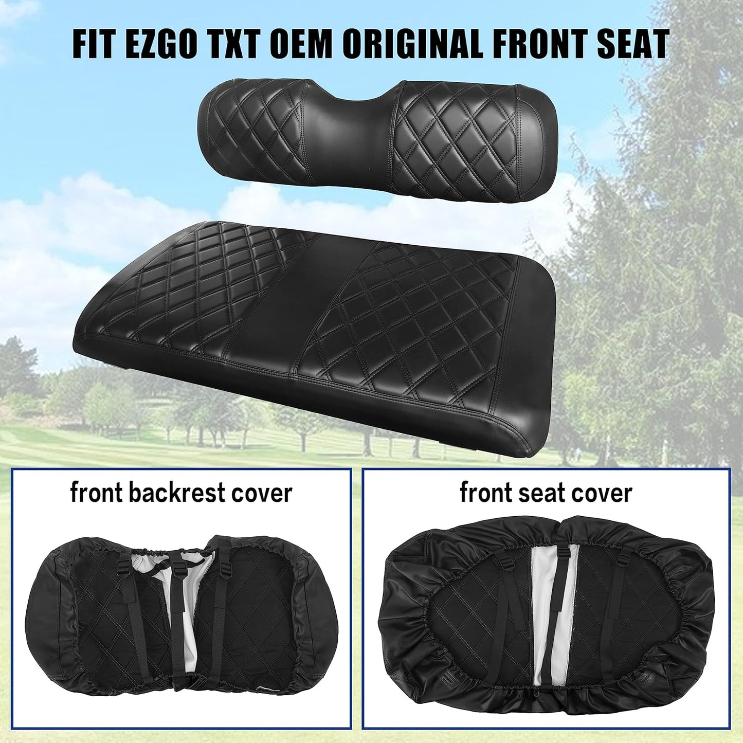 NOKINS Golf Cart ET Front Seat Covers Suitable for EZGO TXT 1994-2013/EZGO RXV OEM Standard Front Seat Cushion, No Stapler Required, Golf Cart Vinyl Replacement Seat Cover Black Stitching