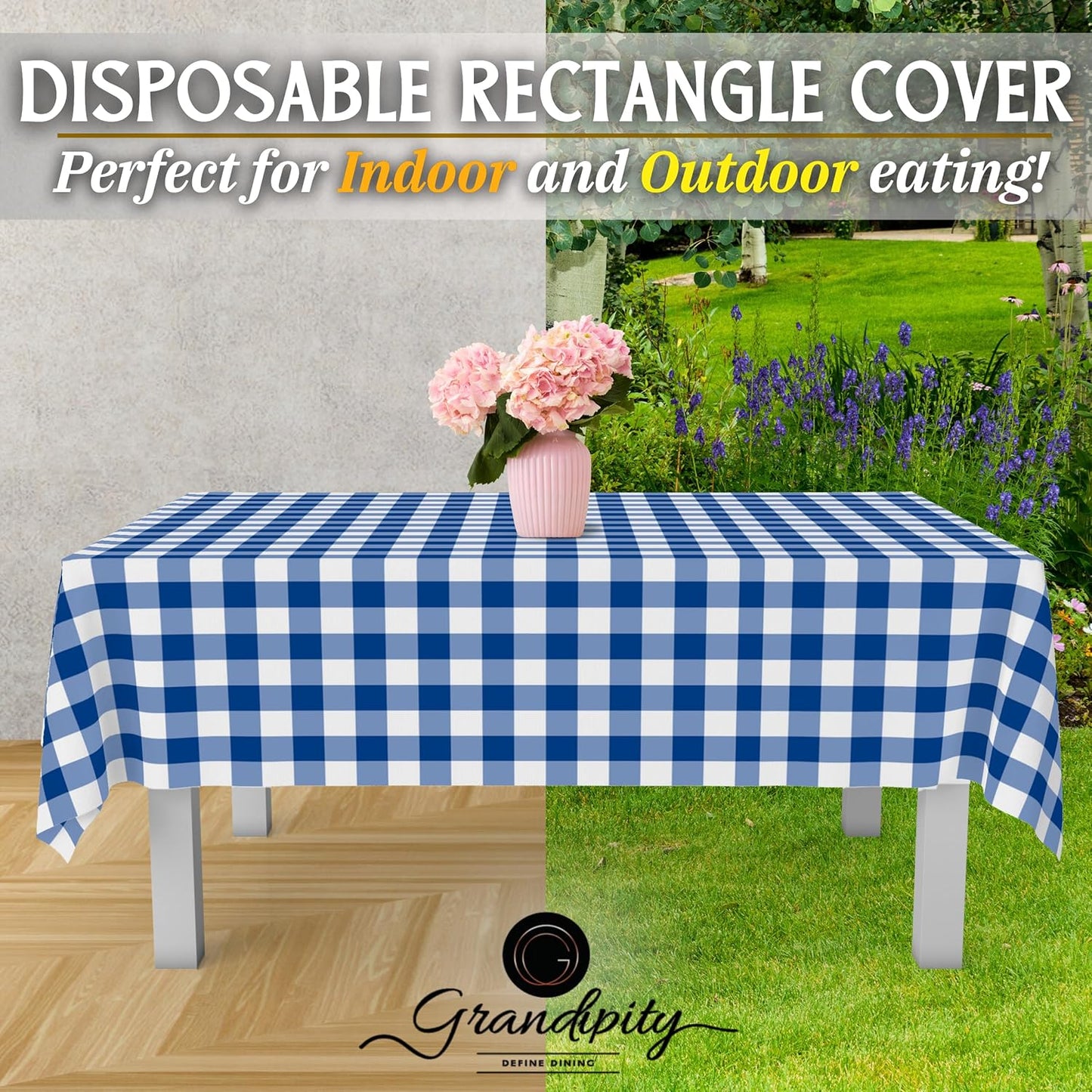Grandipity 12 Pack Premium Disposable Plastic Picnic Tablecloth 54 Inch. x 108 Inch. Decorative Rectangle Table Cover - Blue Checkered Gingham