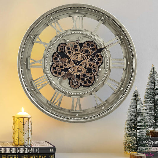 CLXEAST 24 Inch Wall Clock with Moving Gears, Oversized Large Roman Numeral Wall Clocks for Living Room Decor,Antique Champagne Finish,House Warming Gifts New Home