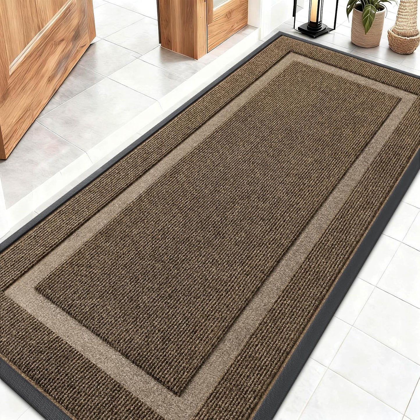 OLANLY Front Door Mat Indoor Outdoor Entrance, Waterproof All-Season, All-Weather Doormat, Sturdy Natural Rubber, Fade Resistant, Low Profile, Easy Clean Patio Porch Entryway Mat, 59x23, Brown