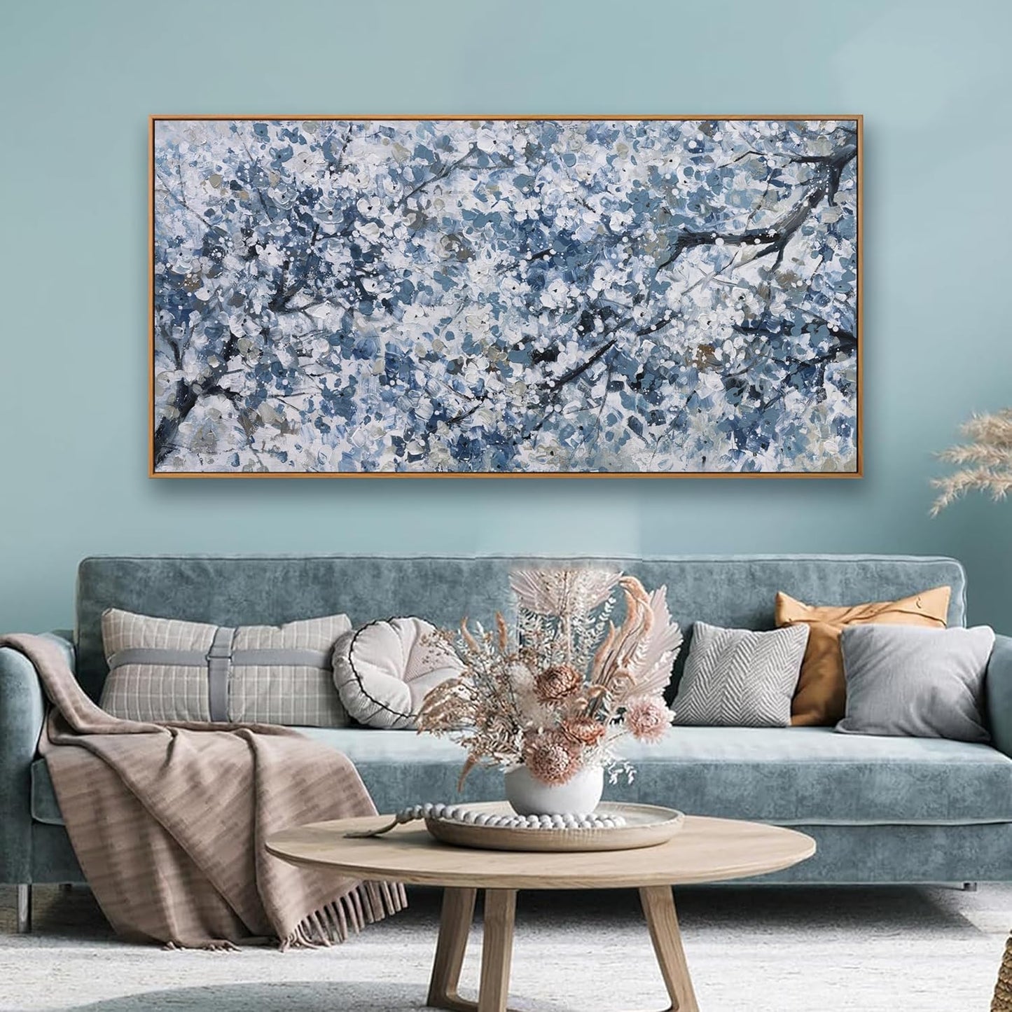 Modern Wall Art Nature Art Canvas Artwork Wall Decor Painting Dark Blue And White Abstract Tree Botanical Wall Art With Framed For Bedroom Living Room Dining Room Home Office Decor 24"×48"