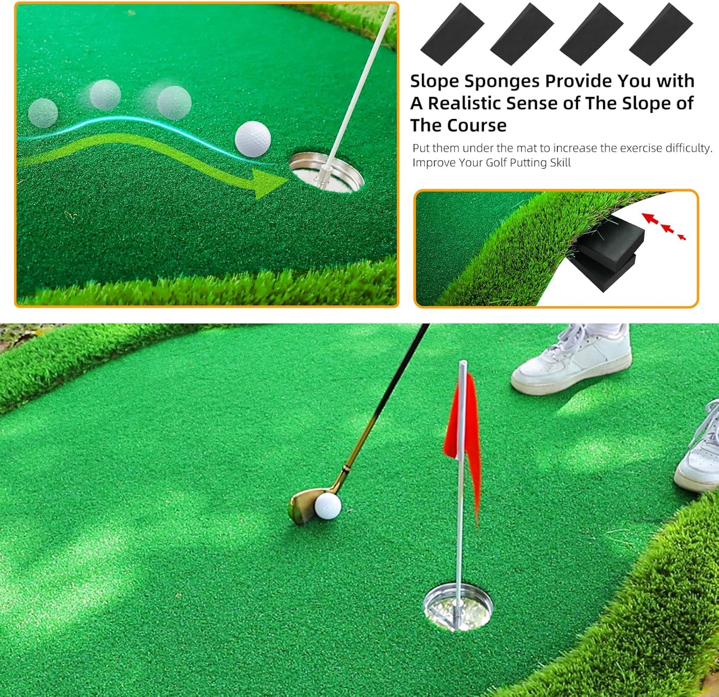 Roykaw Golf Putting Green - 5 x 10 Ft. Putting Mat, Professional Training Aid for Indoor & Outdoor, Green Mat w/ 3 Holes, Flags, Slope Sponges