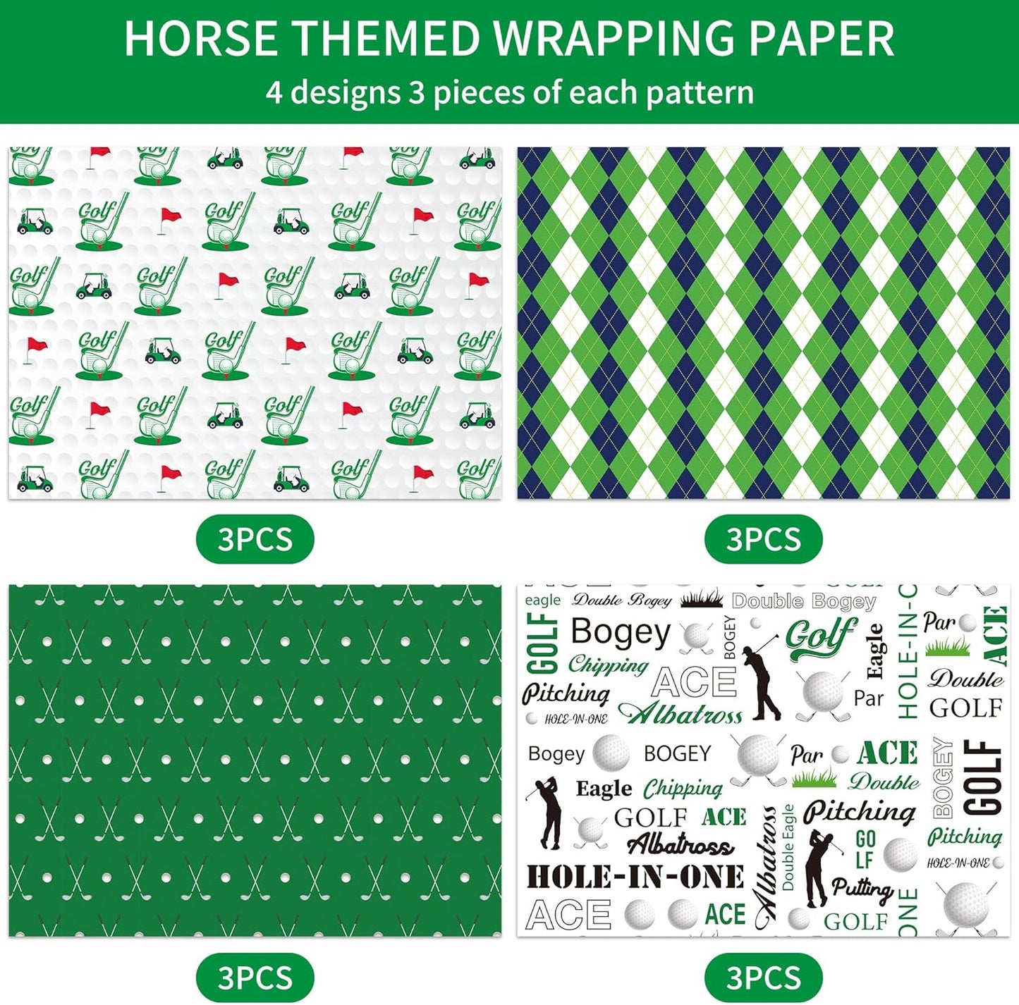 EoBeCy Golf Wrapping Paper for Men Boys, 12 Sheets Golf Gift Wrap with Golf Clubs, Balls, Carts, and Green Argyle Designs, Sports Wrapping Paper for Birthday Retirement (20 x 28 Inches Per Sheet)