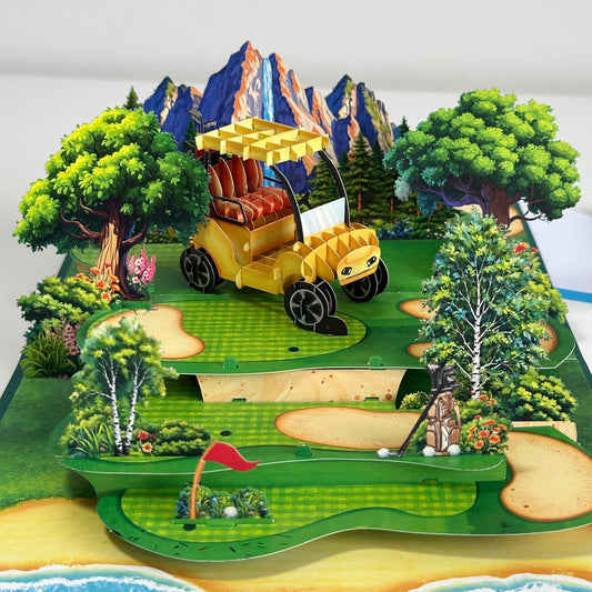 Pop Up Greeting Card Golf Cart Course Field Tournament Birthday Thank You Anniversary Holiday for Him Husband Boyfriend Adventure Outdoor Sport Vacation