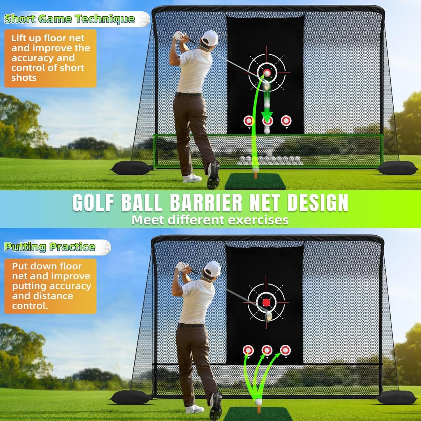 10x7ft Heavy-Duty Golf Practice Net with Hitting Mat & 2 Side Nets | Easy 10-Min Setup & Portable Bag | Low-Noise Impact Target for Backyard, Garage & Outdoor Driving & Chipping Practice