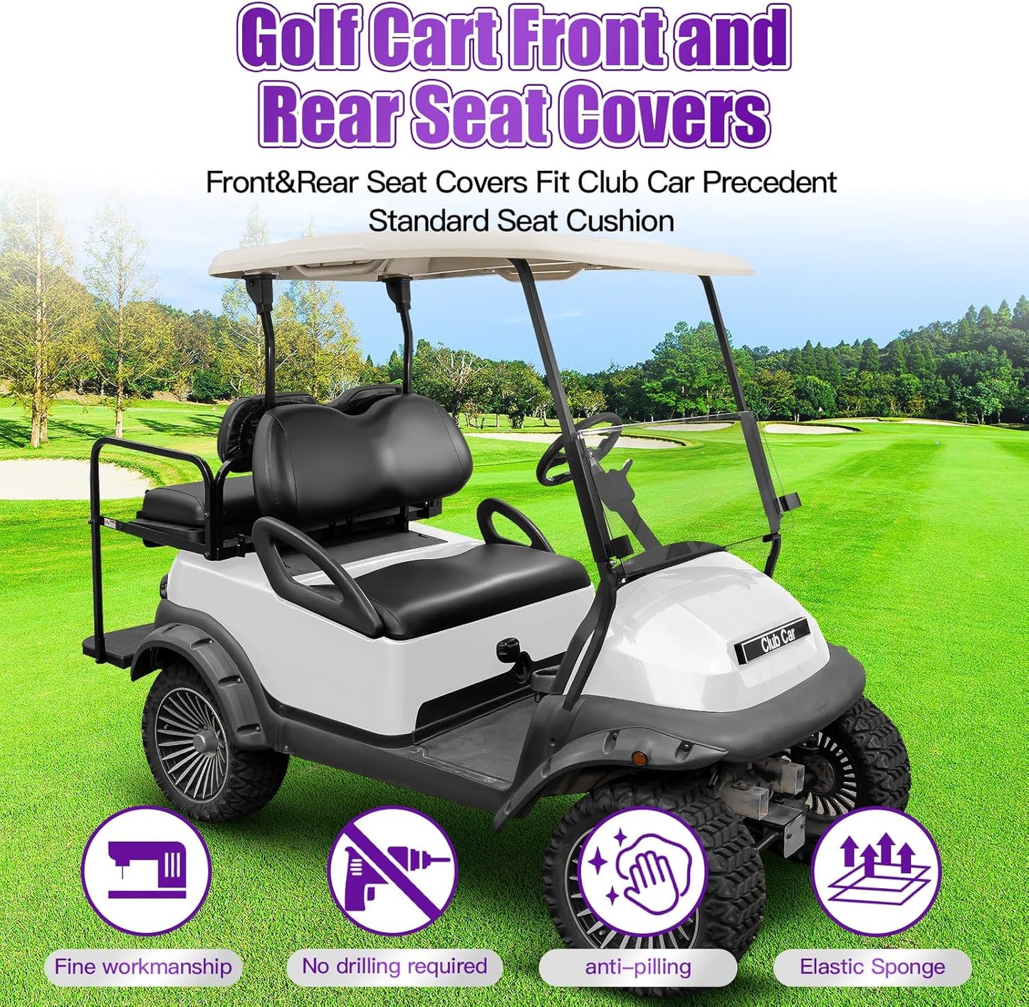 4PCS Golf Cart Seat Covers Kit,Front and Rear Seat Cover for Club Car Precedent Standard Cushion,Smooth and Simple Style, Waterproof Replacement Seat Cover(Black)