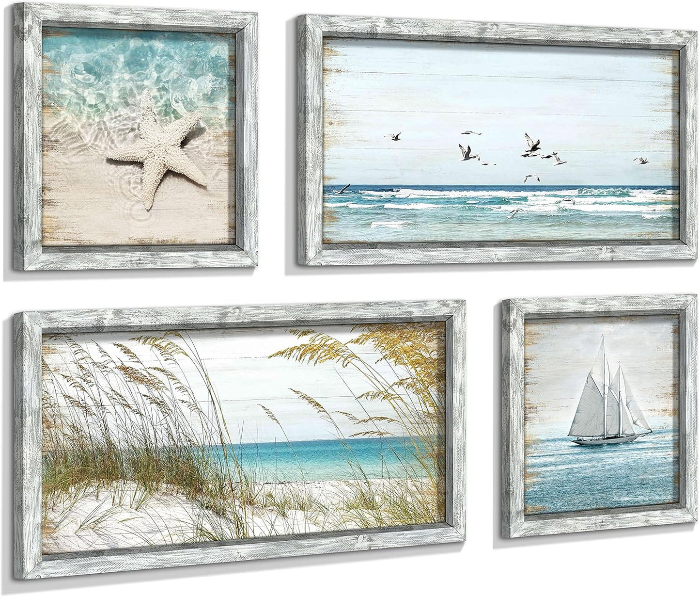 Beach Framed Wooden Pictures Wall Art: Coastal Art Set of 4 Seascape Prints Starfish Pictures Ocean Artwork for Bedroom Overall 36"W x 24"H