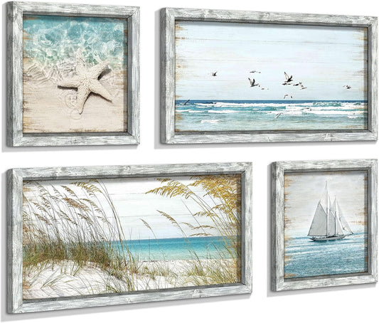 Beach Framed Wooden Pictures Wall Art: Coastal Art Set of 4 Seascape Prints Starfish Pictures Ocean Artwork for Bedroom Overall 36"W x 24"H