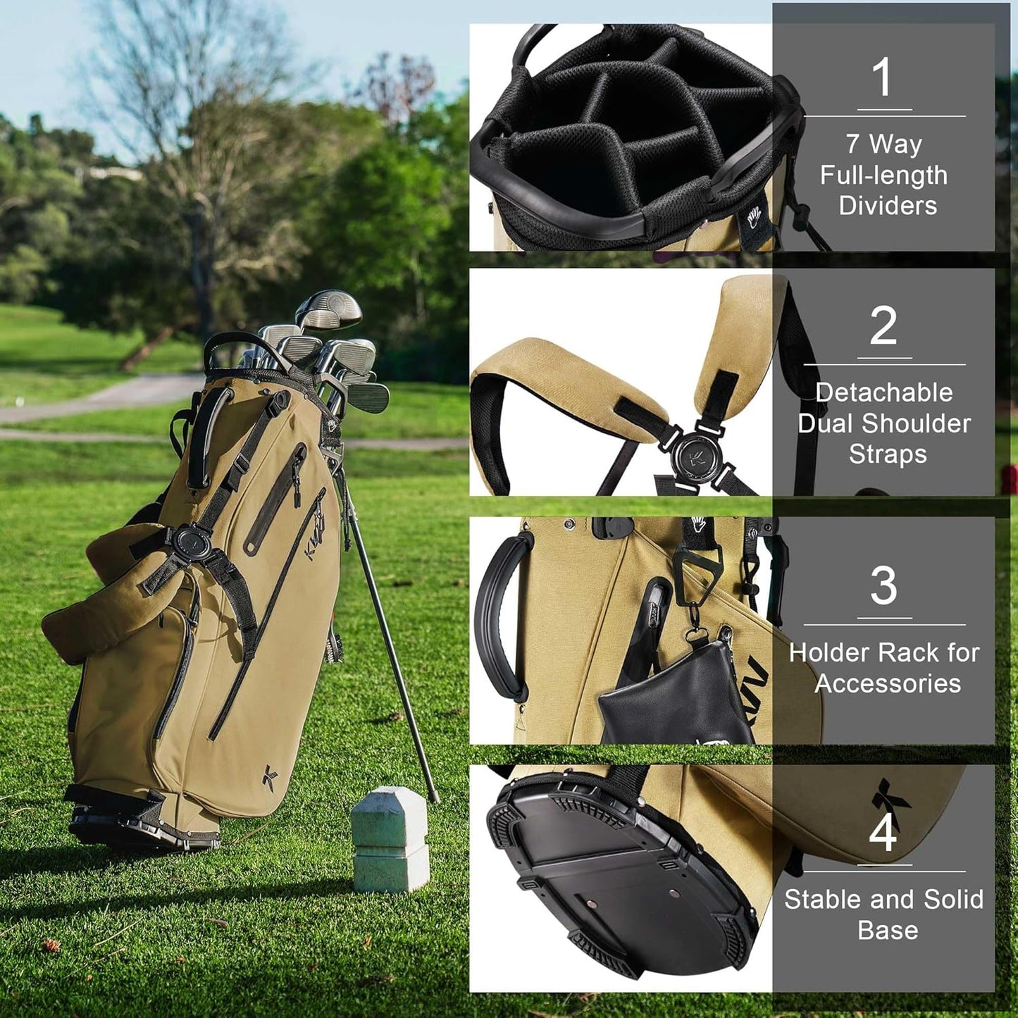 KVV Lightweight Golf Stand Bag with 7 Way Full-Length Dividers, 5 Zippered Pockets, Automatically Adjustable Dual Straps，Elegant Design
