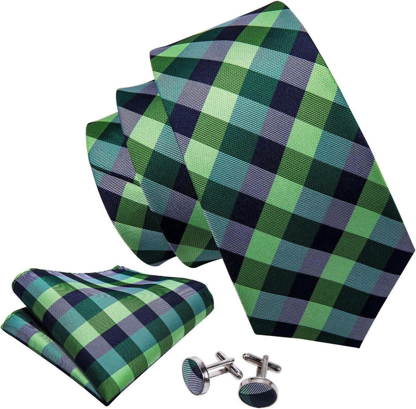 Barry.Wang Designer Classic Ties for Men Set Formal Pocket Square Cufflink Check Plaid