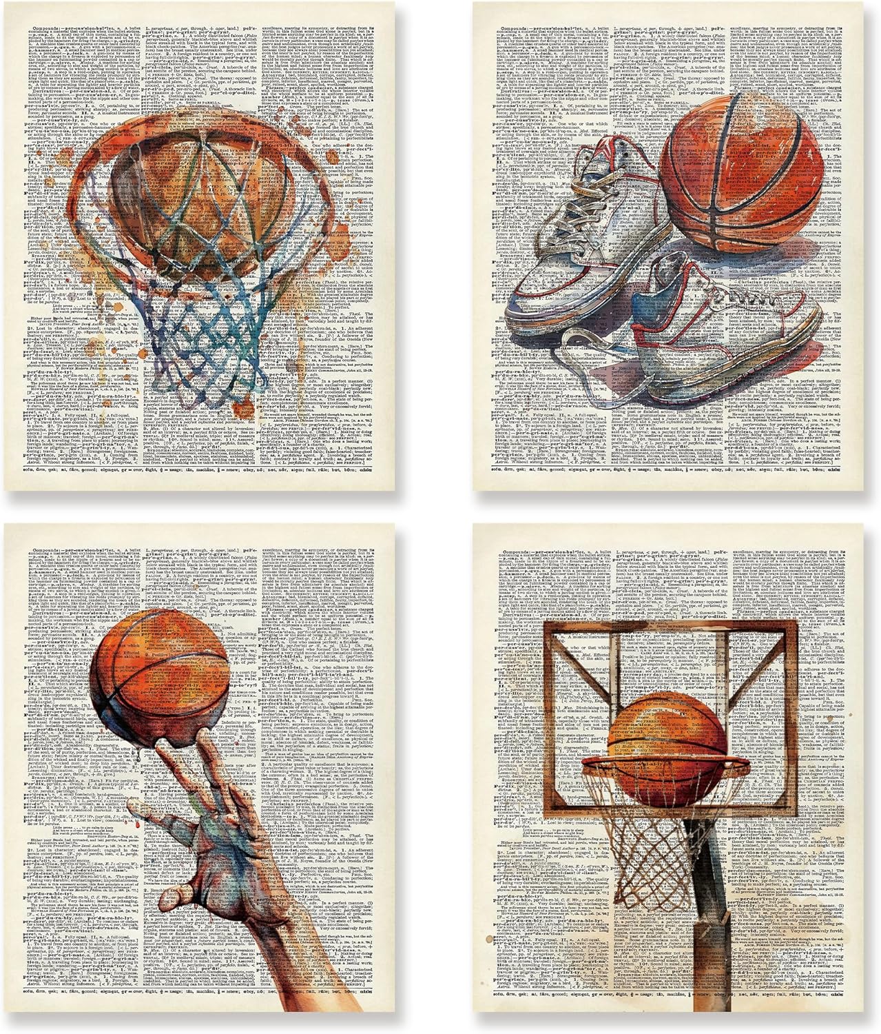 KSDUT Retro Basketball Wall Decor Art Set of 4 - Vintage Artwork Poster Prints Gym Club Wall Decor Basketball Gifts Wall Art for Office Games Sports Room Decorations - 8"x10" Unframed
