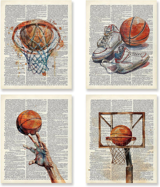 KSDUT Retro Basketball Wall Decor Art Set of 4 - Vintage Artwork Poster Prints Gym Club Wall Decor Basketball Gifts Wall Art for Office Games Sports Room Decorations - 8"x10" Unframed