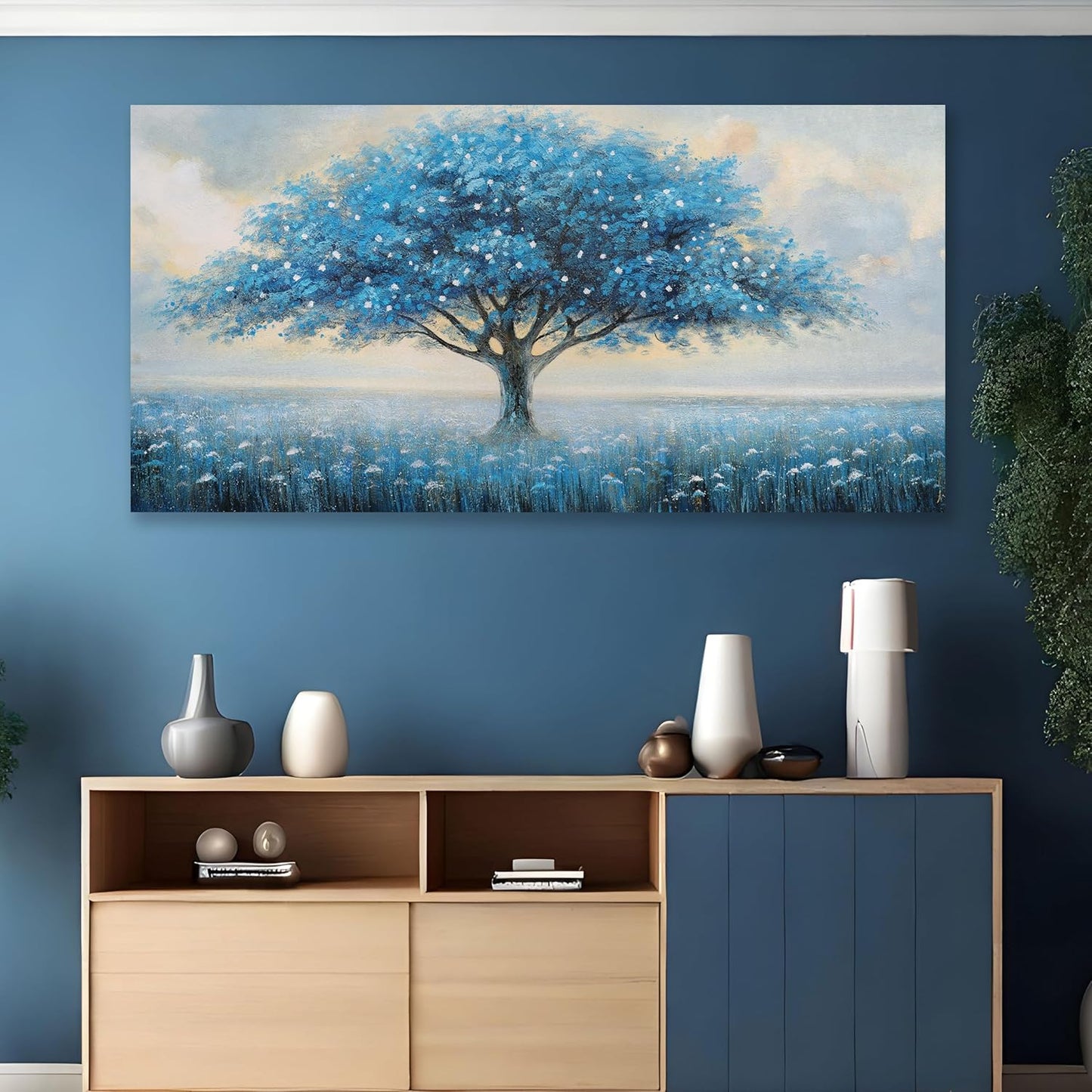 Glvzygy Blue Tree of Life Wall Art Abstract Modern Artwork Canvas Painting Textured Tree Pictures Wall Decor Home Decor Wall Ready to Hang for Bedroom Living Room Size 24"x48"
