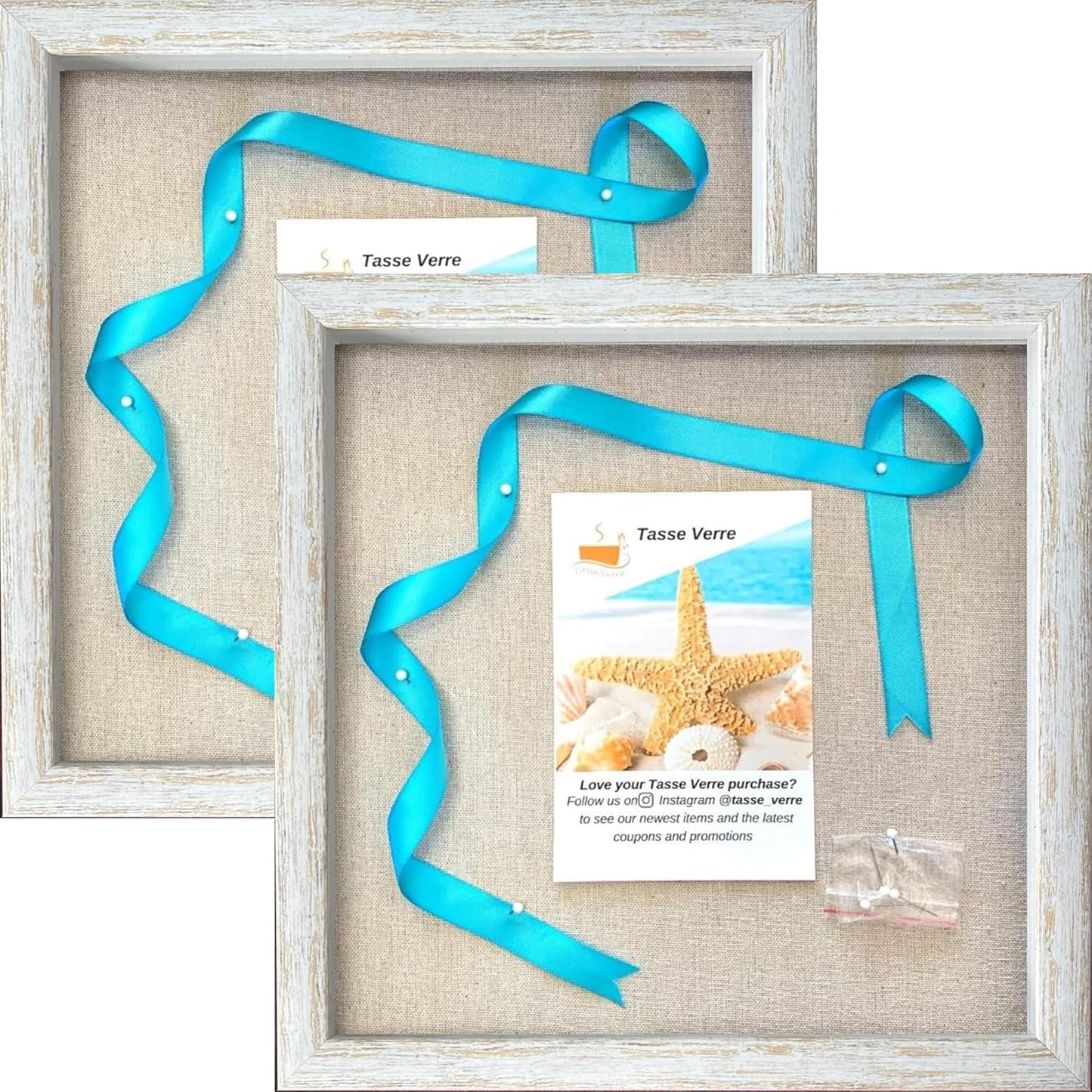 Tasse Verre 10x10 Rustic Display Shadow Box (2-Pack) Frame w/Linen Background and 16 Stick Pins - Ready to Hang Shadowbox Picture Frame - Box Display Baby Memorabilia Wedding