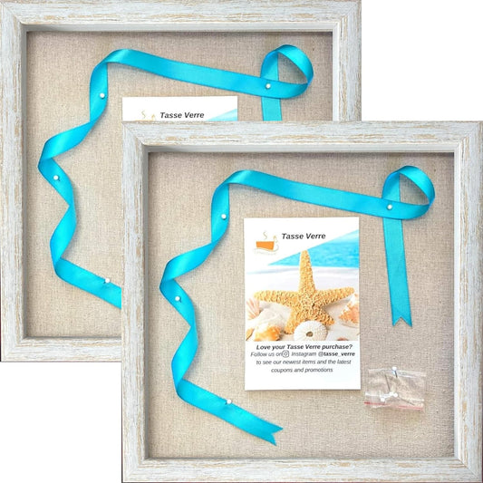 Tasse Verre 10x10 Rustic Display Shadow Box (2-Pack) Frame w/Linen Background and 16 Stick Pins - Ready to Hang Shadowbox Picture Frame - Box Display Baby Memorabilia Wedding