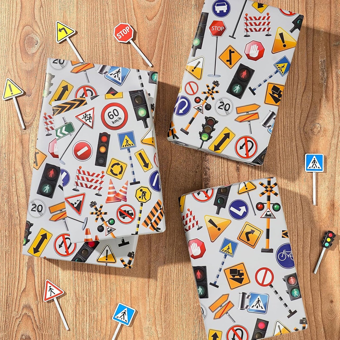 Traffic Sign Wrapping Paper Roll - 17Inch x16.4Feet - Road Street Traffic Lights Sign Theme Gift Wrap for Transportation Parties,Birthday,Celebration