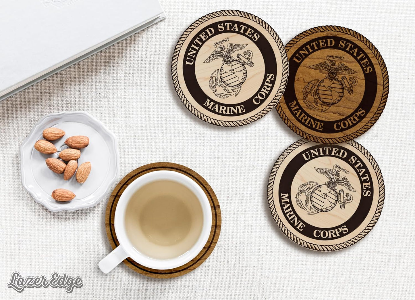 LazerEdge U.S. Marines Wooden Coaster Set – Cherry Wood – Handcrafted Collectible 4-Pack | Made in USA | Officially Licensed Product (Marines)