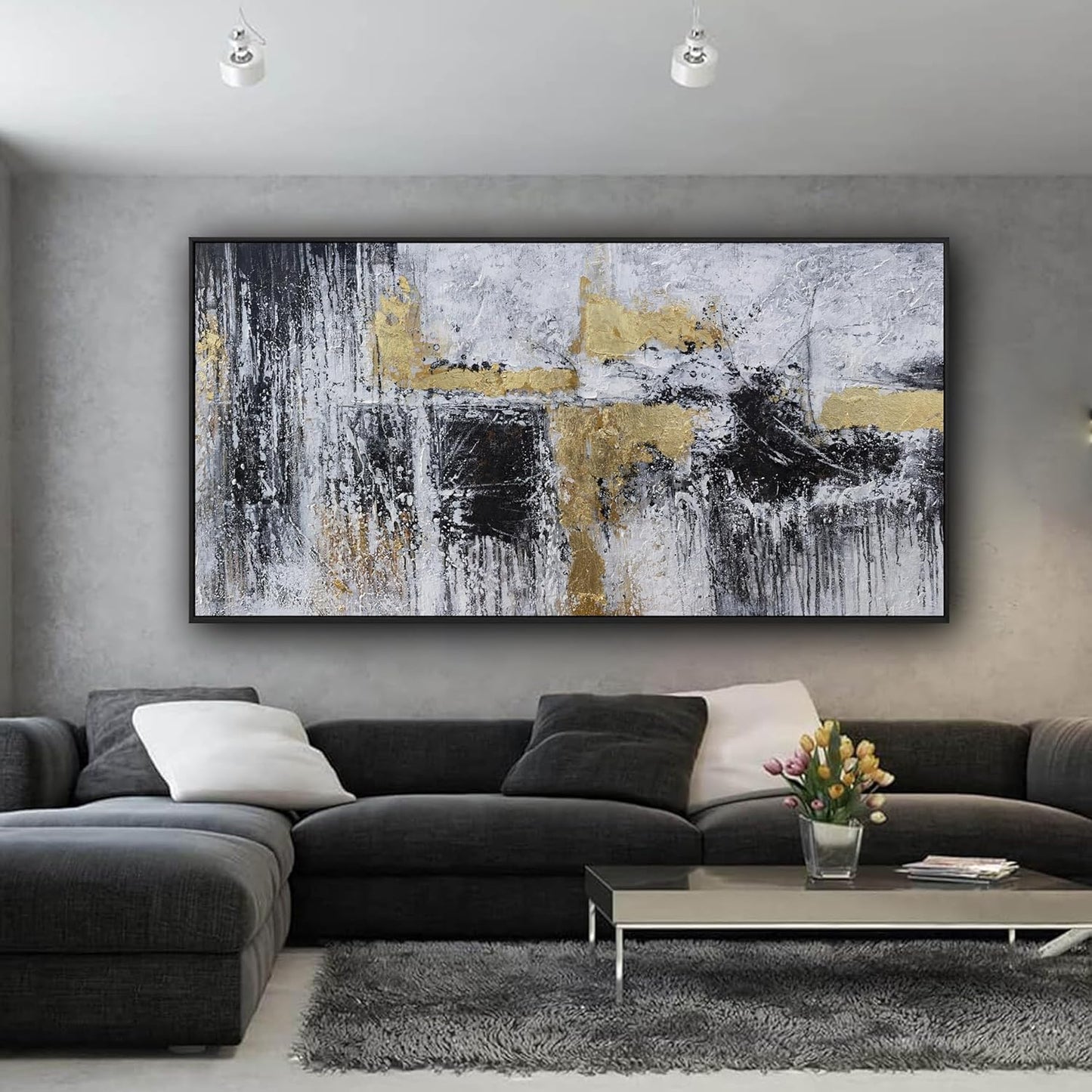 Large Abstract Wall Art Wall Decor Bedroom Pictures Artwork Black And Gold Wall Decor Artwork Modern Painting Wall Decoration Pictures For Living Room Home Kitchen Office 29x58 Inch Framed