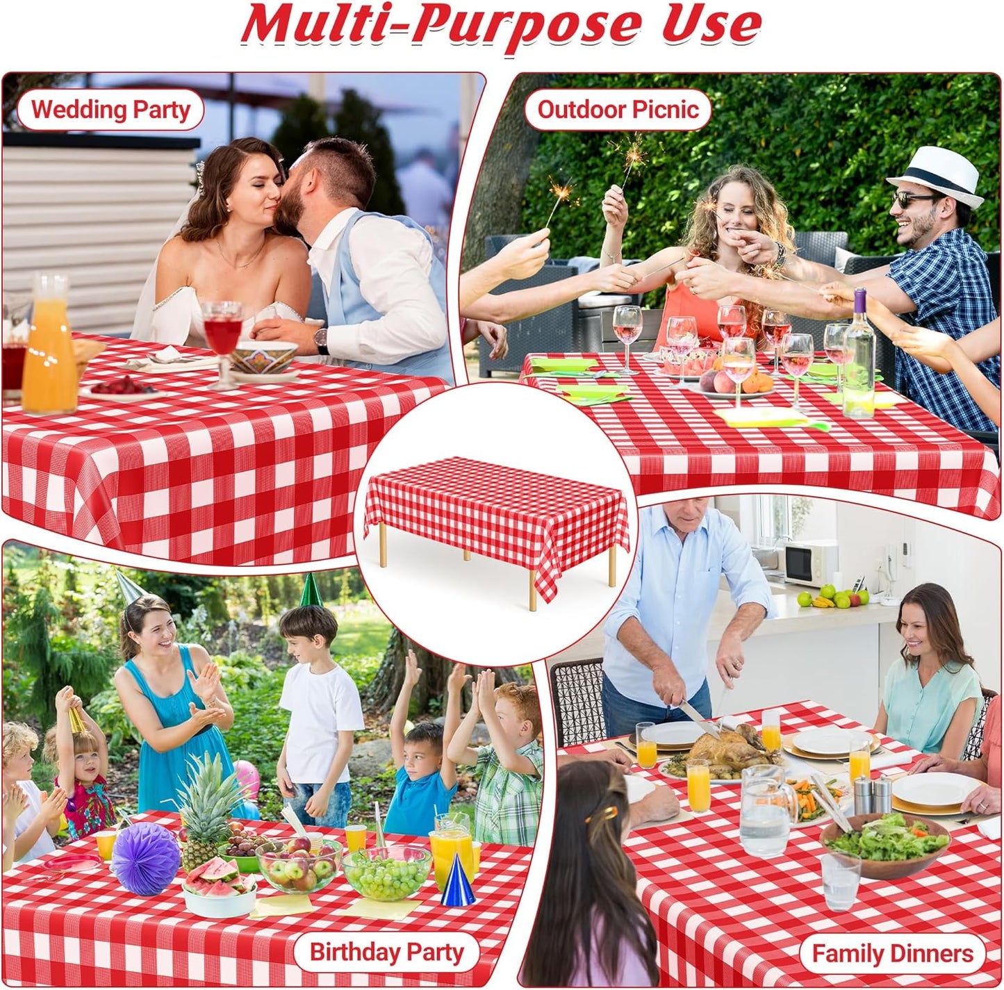12Pack 54" x 108" Table Cloth Rectangle Table, Waterproof Plastic Table Cloth Ddisposable, Red and White Checkered Tablecloth Table Cover for Outdoor Picnic Birthday Party Gathering BBQ Holiday Dinner