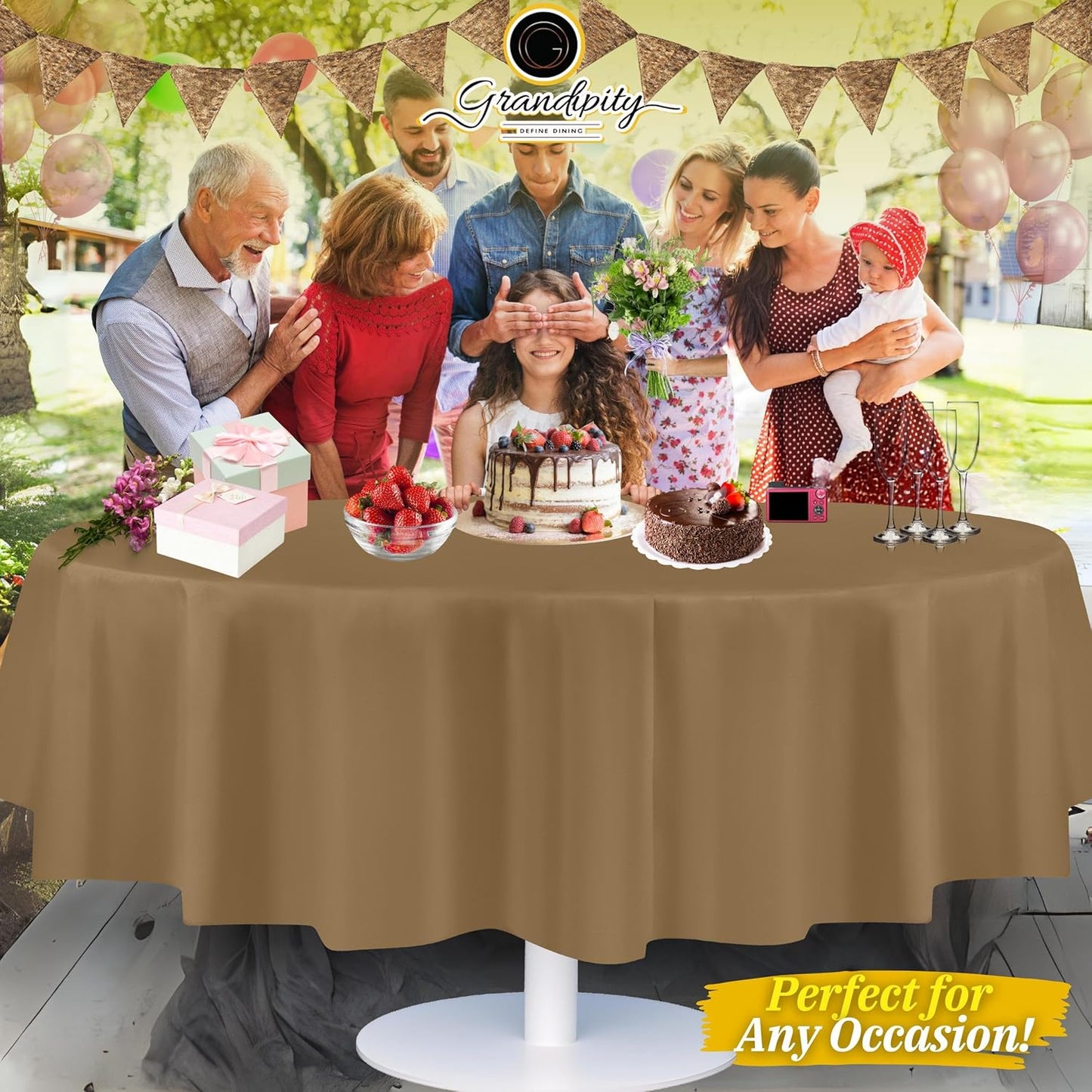 Grandipity 12 Pack Premium Disposable Plastic Tablecloth 84" Inch Decorative Round Table Cover - Gold