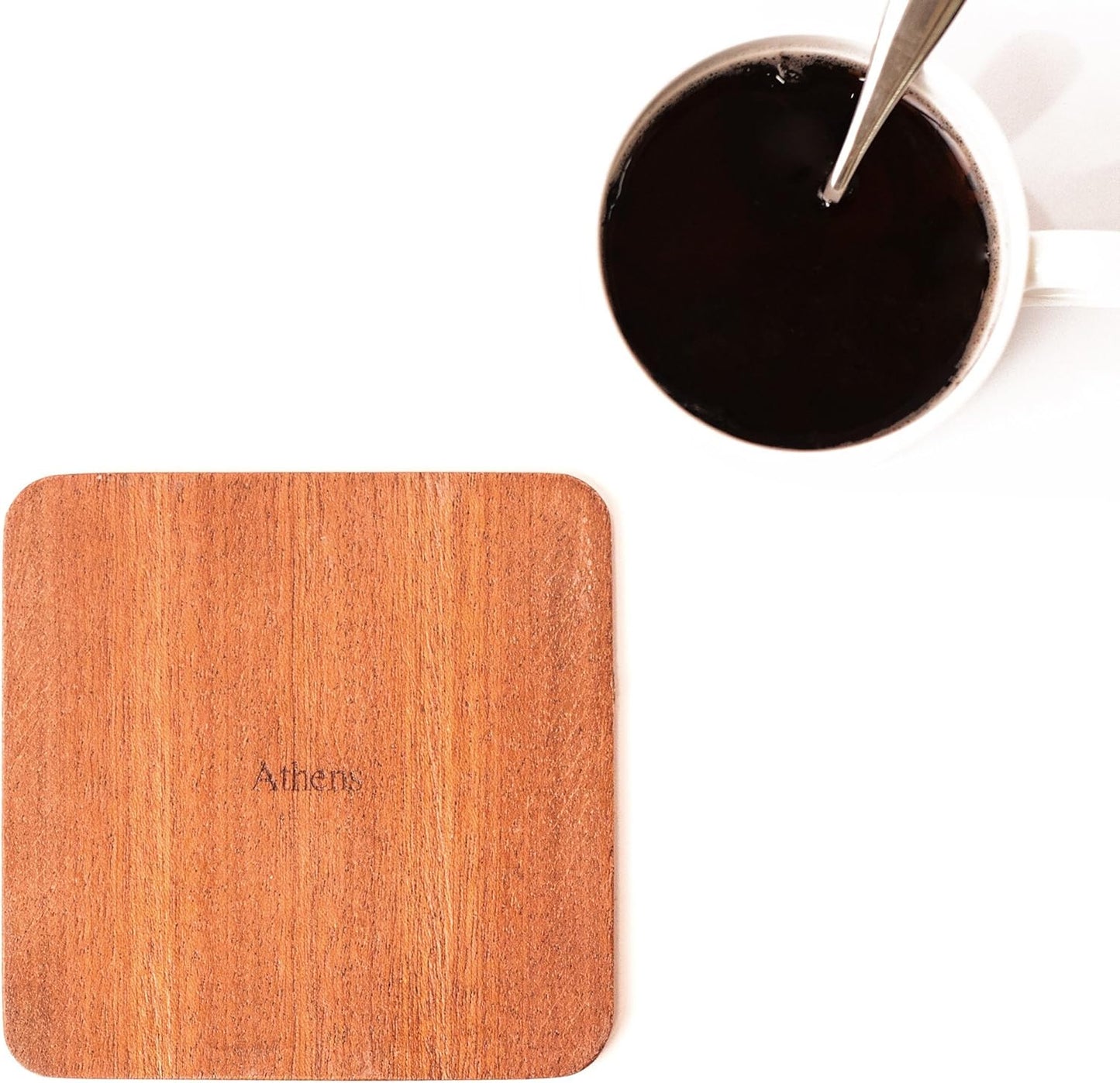 Athens Map Coaster by O3 Design Studio, Set Of 4, Sapele Wooden Coaster With City Map, Handmade