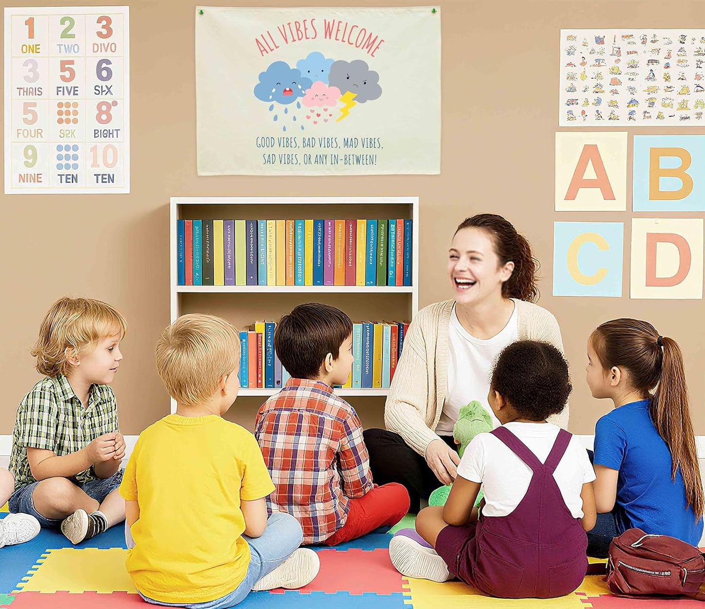 Classroom Wall Poster-Guidance Therapy Classroom Decoration-Mental Health-Welcome Present-Feel Feelings Banner-Rectangle Banner Flag Wall Decor-Door Sign-All Vibes Welcome-Christmas Gift-28.5"L×20"W