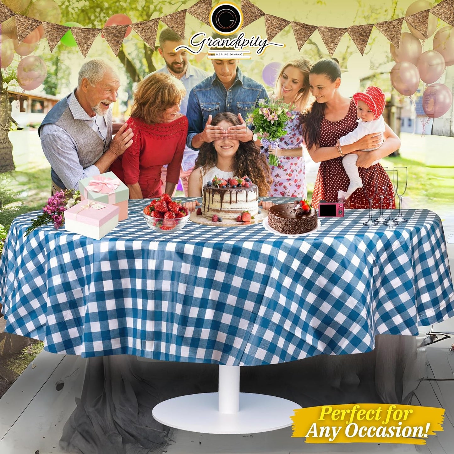 Grandipity 12 Pack Premium Disposable Plastic Picnic Tablecloth 84" Inch Decorative Round Table Cover - Blue Checkered Gingham