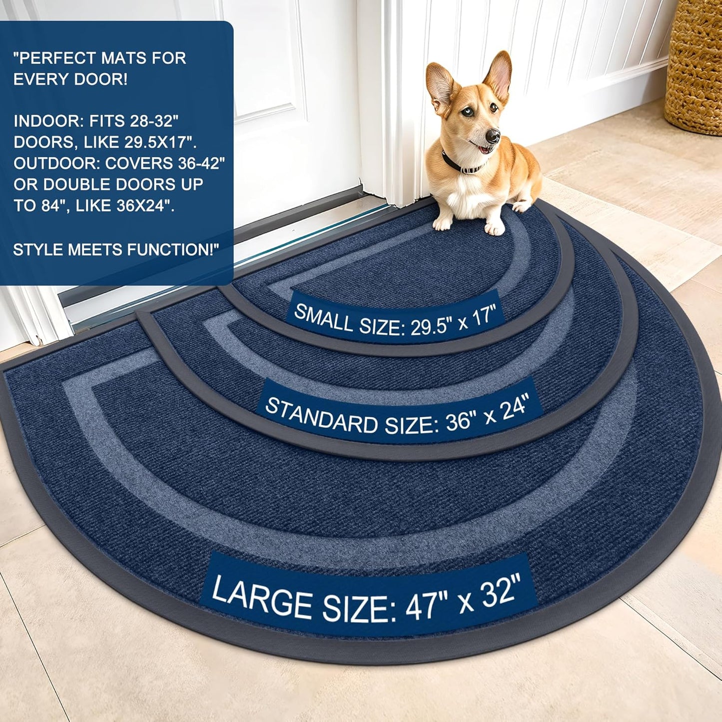 OLANLY Half Circle Door Mat Indoor Outdoor Entrance Welcome, Waterproof All-Season, All-Weather Doormat, Sturdy Natural Rubber, Low Profile, Easy Clean Patio Porch Entryway Mat, 59x23, Blue