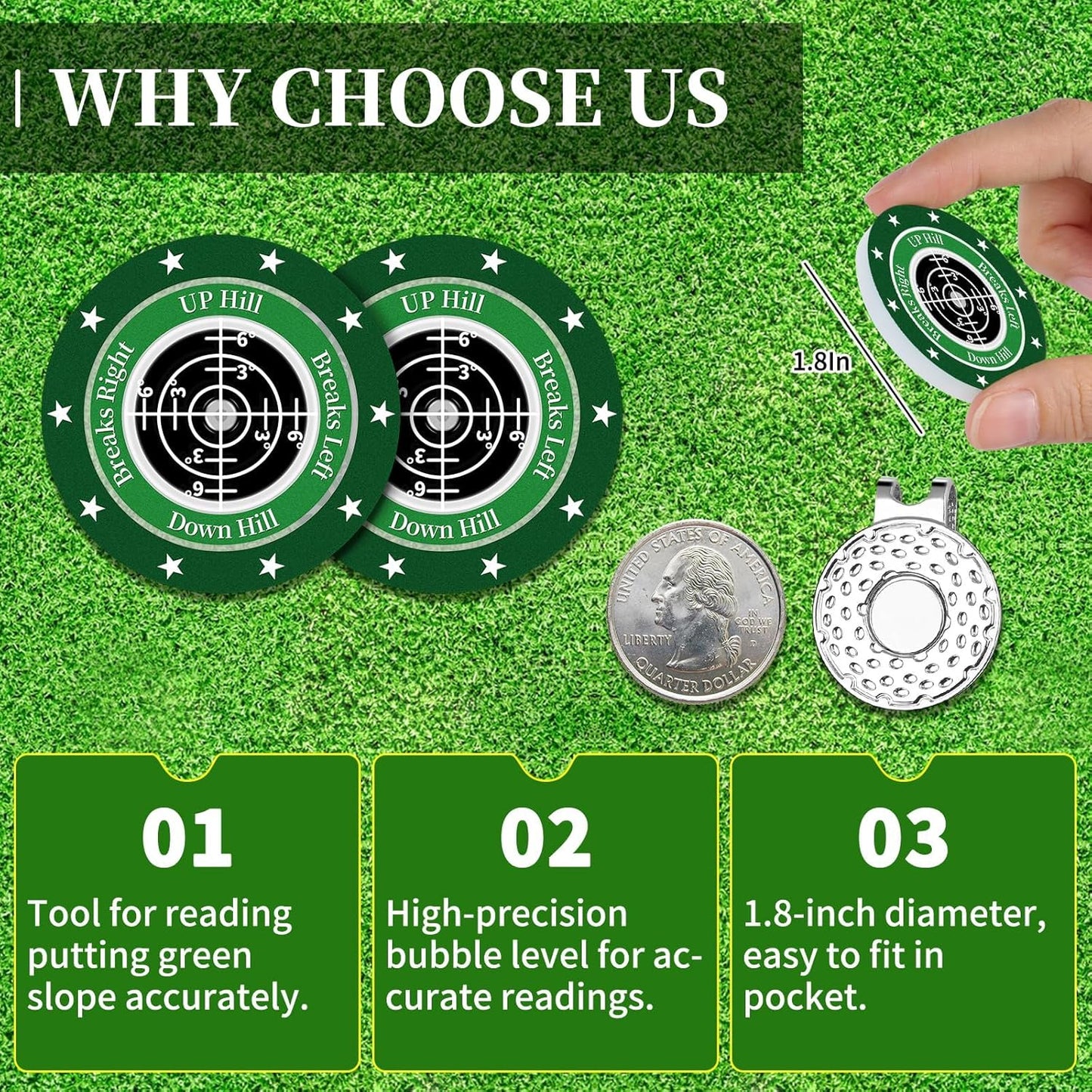 Golf Green Reader, 2 Pack Golf Ball Marker Hat Clip with High Precision Horizontal Bubble, Putting Training Aid Golf Accessories Tool Gift for Men Women