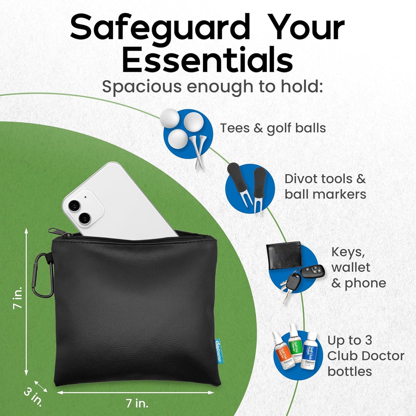Club Doctor - Golf Valuables Pouch – Premium Zippered Golf Accessories Bag with Metal Carabiner, Compact & Durable Organizer for Tees, Balls, Divot Tools, and Valuables