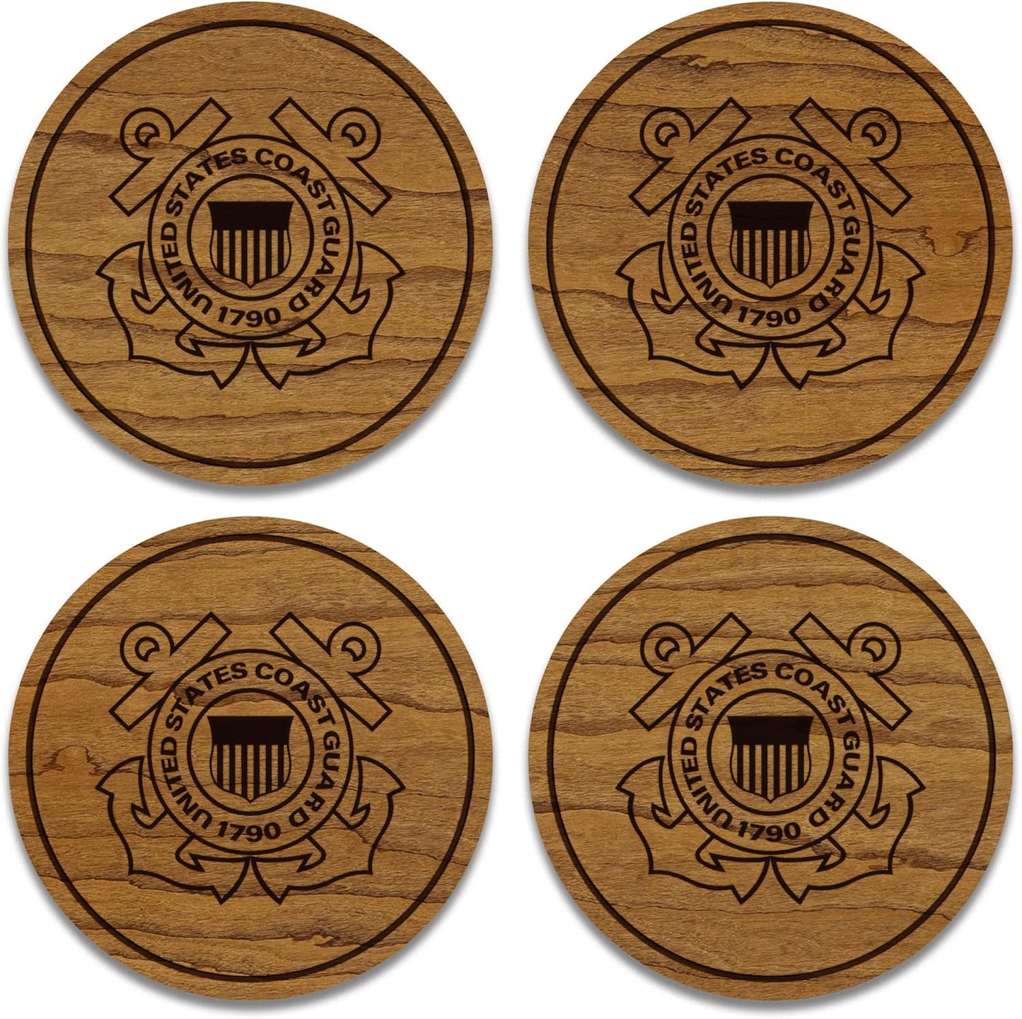 LazerEdge U.S. Coast Guard Wooden Coaster Set – Cherry Wood – Handcrafted Collectible 4-Pack | Made in USA | Officially Licensed Product
