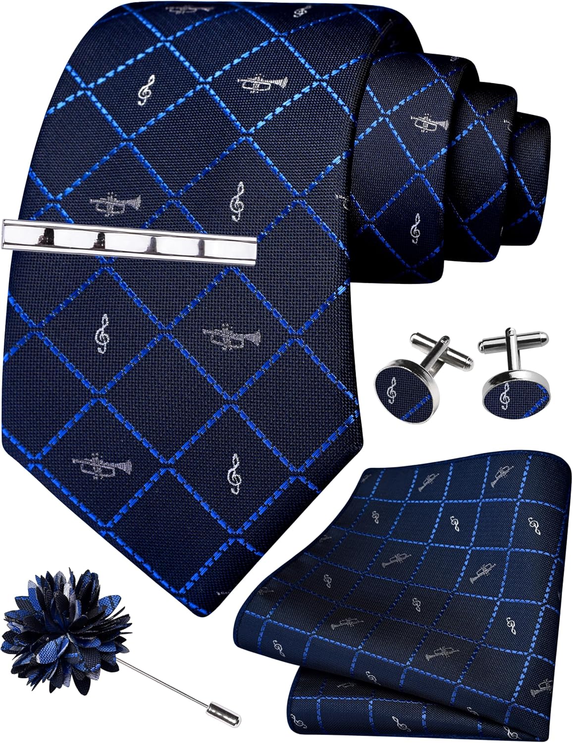 GUSLESON Tie Set for Men Necktie and Pocket Square,Tie Clip,Cufflinks, Lapel Pin Sets with Gift Box 5PCS